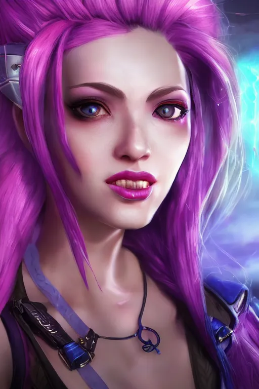 Image similar to ultra realistic facial portrait of jinx from league of legends, digital art, character portrait, highly detailed, trending on artstation, lens flare, atmosphere, hyper realistic, cinematic lightning, sharp focus, unreal engine 5, extreme details perfect face, pretty face, fine - face, illustration, 8 k, ultra texture, masterpiece