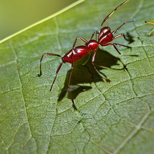 Image similar to bionic ants at war on a green leaf, macro photography, 8 k, cinematic lighting, shallow depth of field,