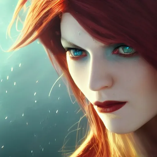 Image similar to redhead vampire sorceress, perfect face viewed in profile, bright glowing blue and silver eyes, gold shirt, cinematic, floating ash, stunning, highly detailed, artstation, smooth, hard focus, concept art, art by artgerm and greg rutkowski and alphonse mucha, volumetric lighting, octane render, 4 k resolution, trending on artstation, masterpiece