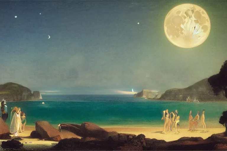 Prompt: The beach arch, refracted moon on the ocean, thunderstorm, greek pool, beach and Tropical vegetation on the background major arcana sky and occult symbols, by paul delaroche, hyperrealistic 4k uhd, award-winning, very detailed paradise