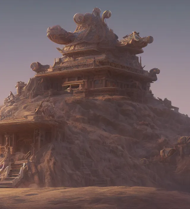 Image similar to an anthropomorphic beautiful futuristic lost temple made of dust in a desert, fine art, award winning, intricate, elegant, sharp focus, octane render, hyperrealistic, cinematic lighting, highly detailed, digital painting, 8 k concept art, art by jamie hewlett and z. w. gu, masterpiece, trending on artstation, 8 k