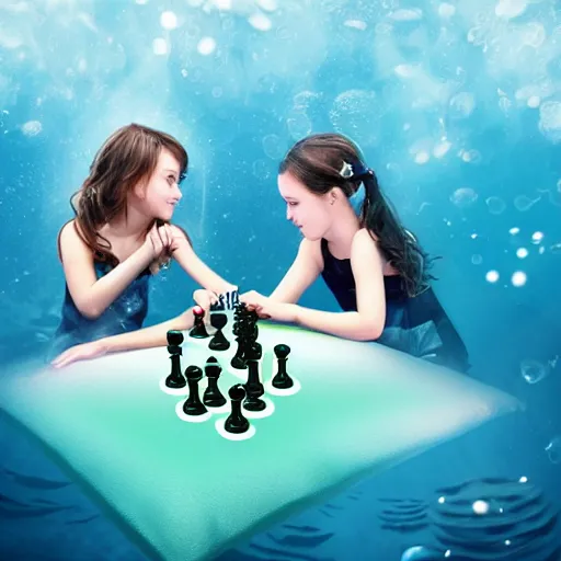 Prompt: Cute girls are playing chess underwater, photorealistic render