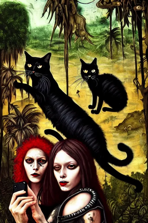 Image similar to punk rock girls making selfie with black cats in jungle , 1980 style, mad max jacket, post apocalyptic, renaissance, Gothic, highly detailed, digital painting, 4k, oil painting by Leonardo Da Vinci, hyper realistic style, fantasy by Olga Fedorova