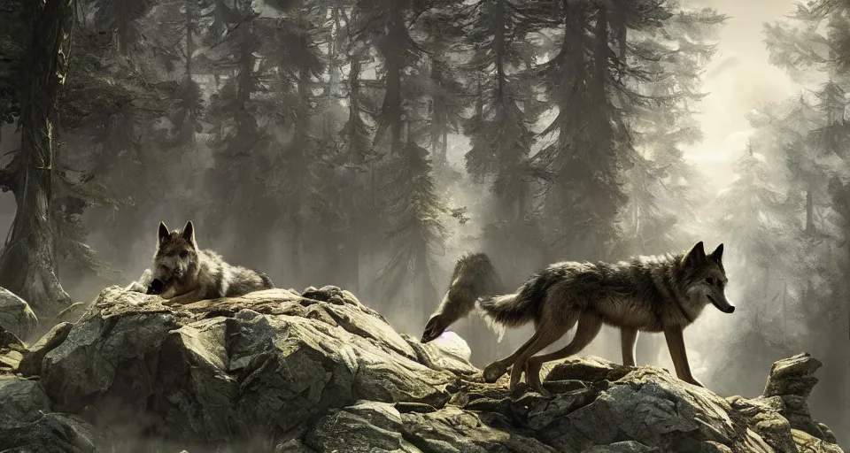 Prompt: wolves and their treasures. fantasy style, ultra realistic, octane render, unreal engine, raytracing, 8 k highly detailed, trending on artstation, illustration, digital painting, highly detailed render by david caspar friedrich
