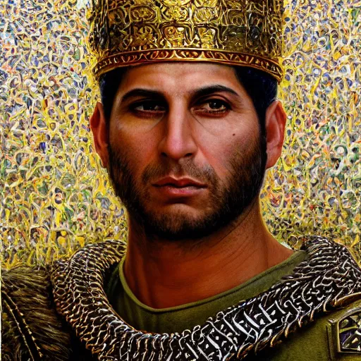 Prompt: portrait of bachir gemayel as king of lebanon, wearing chain mail, intricate face, strong jaw, elegant and proud, highly detailed, centerede, very realistic, smooth, sharp focus, detailed face, art by donato giancola, artgerm and brian froud, real painting