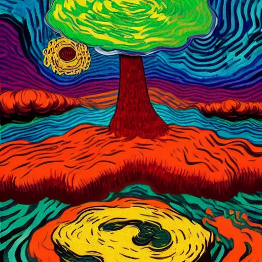Prompt: a rainbow nuclear mushroom cloud in wastelands, detailed, trending on artstation, by vincent van gogh and dan mumford,