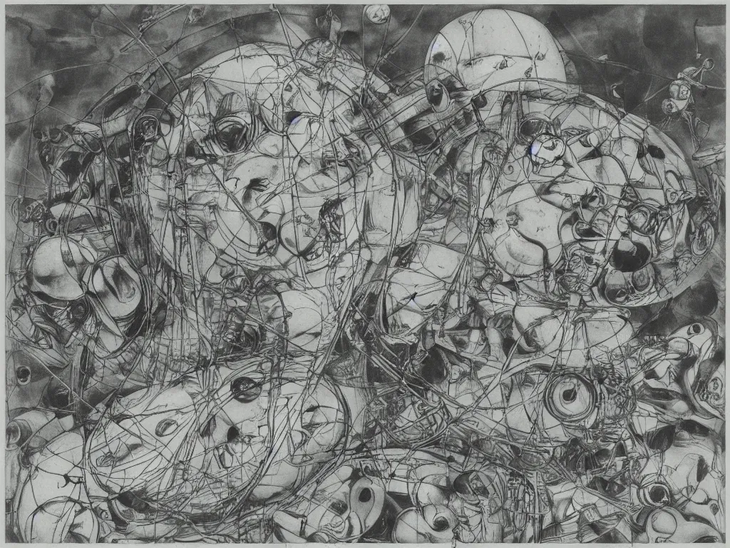 Image similar to study of tied dream bot mothership over the taiga. artwork by hans bellmer