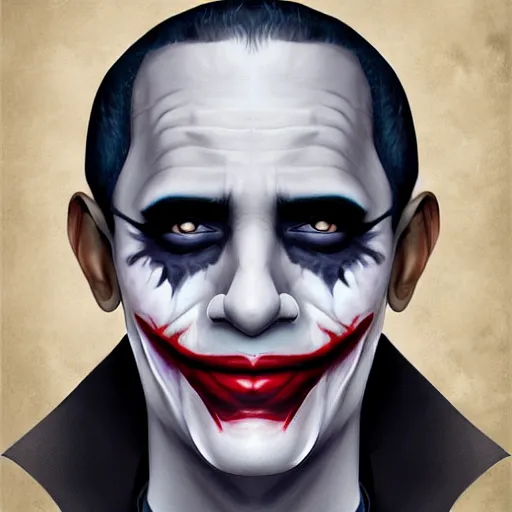 Prompt: portrait of barack obama with the joker make up, artwork by charlie bowater