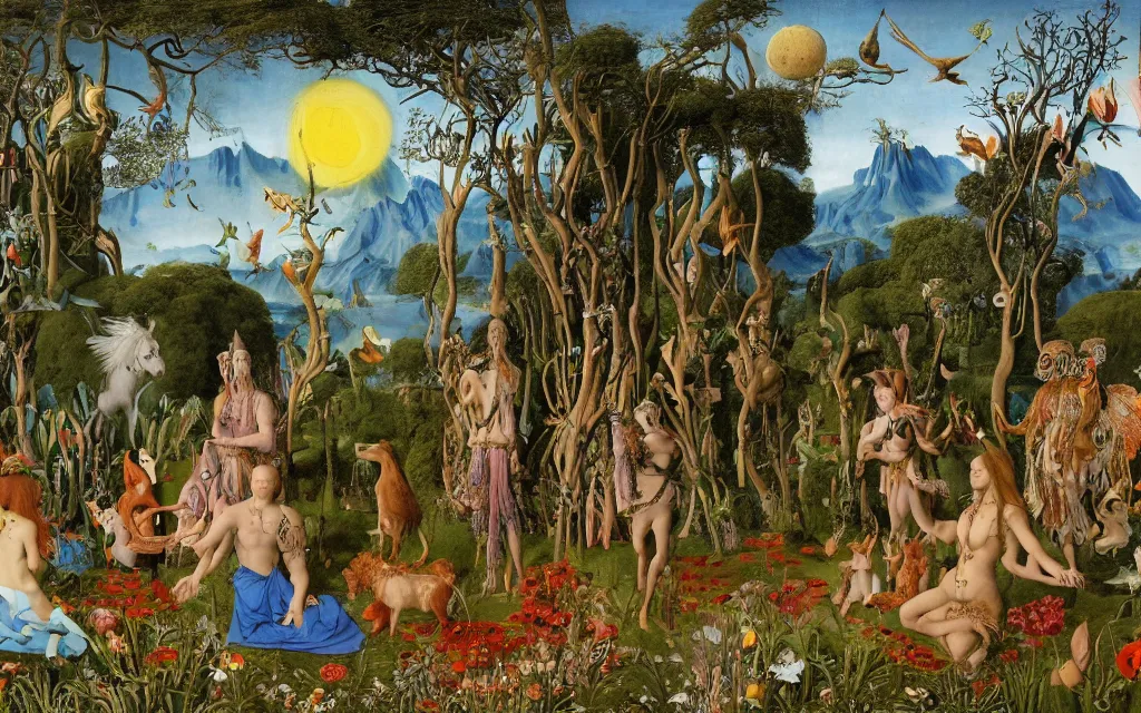 Prompt: a photograph of a meditating centaur shaman and a mermaid druid feeding animals. surrounded by bulbous flowers, animals and a few trees. river delta with mountains and cliffs under a blue sky full of burning stars and birds. painted by jan van eyck, max ernst, ernst haeckel, ernst fuchs and artgerm. trending on artstation