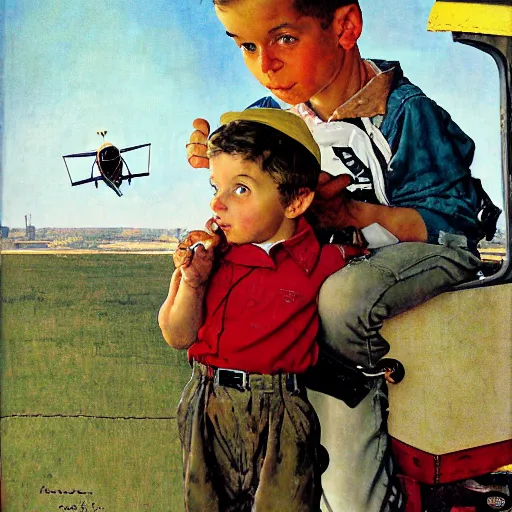 Image similar to a Norman Rockwell painting of a boy and his small airplane