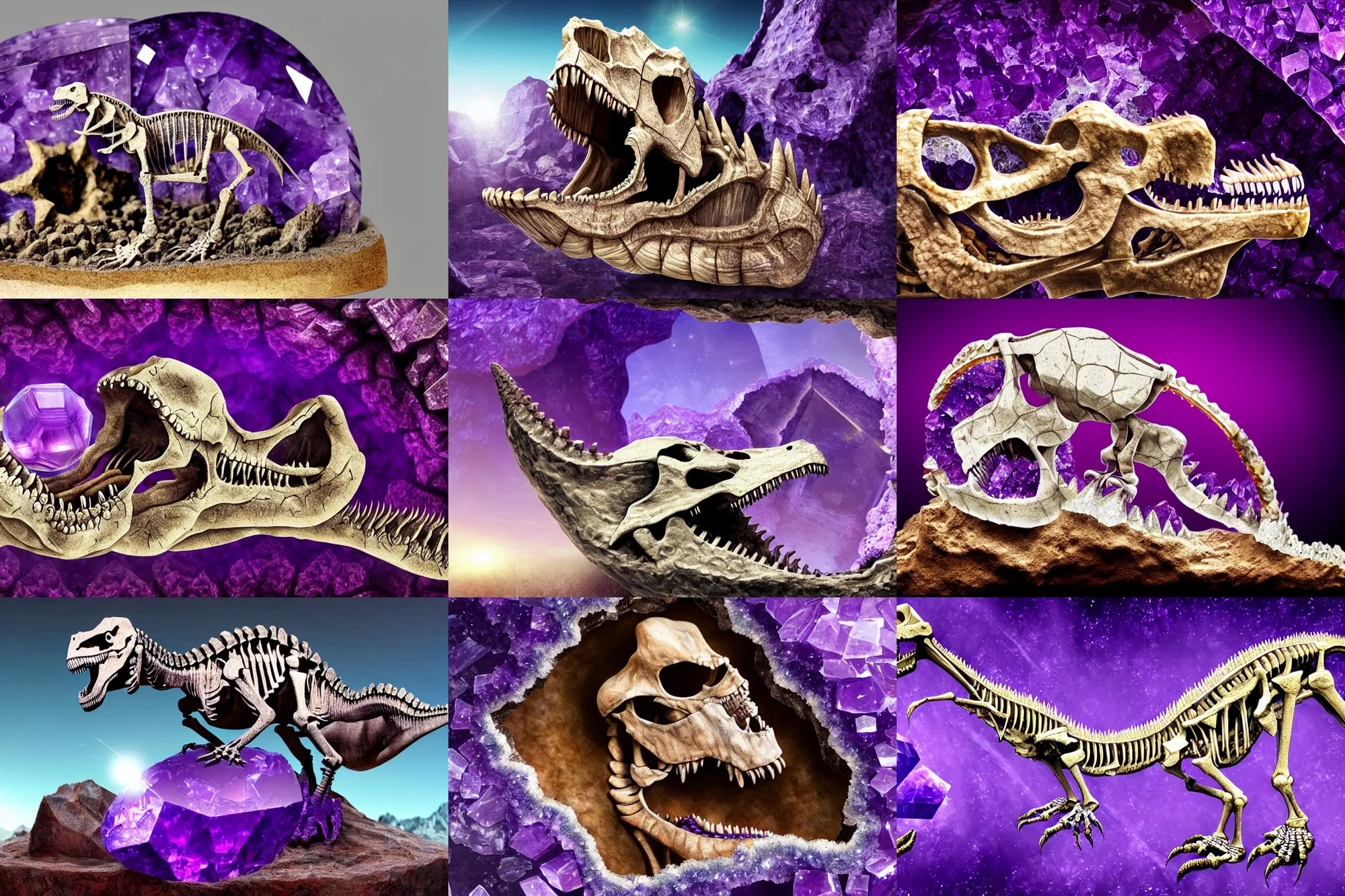 Image similar to dinosaur skeleton inlaid in a crystal geode ((inlaid in a crystal geode))(((in a crystal geode))), ((amethyst)), matte-painting