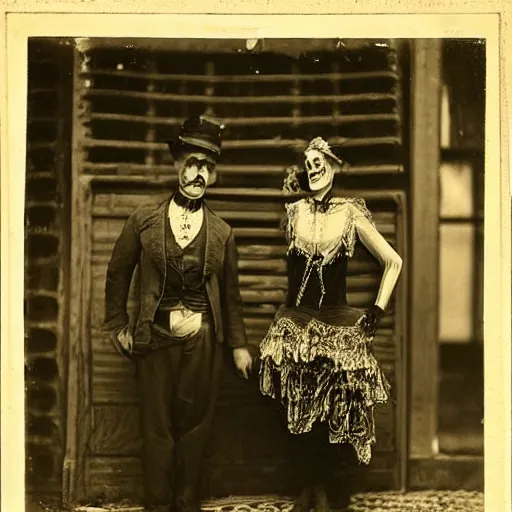 Prompt: portrait of side show clowns, photograph, style of atget, 1 9 1 0, creepy, dark