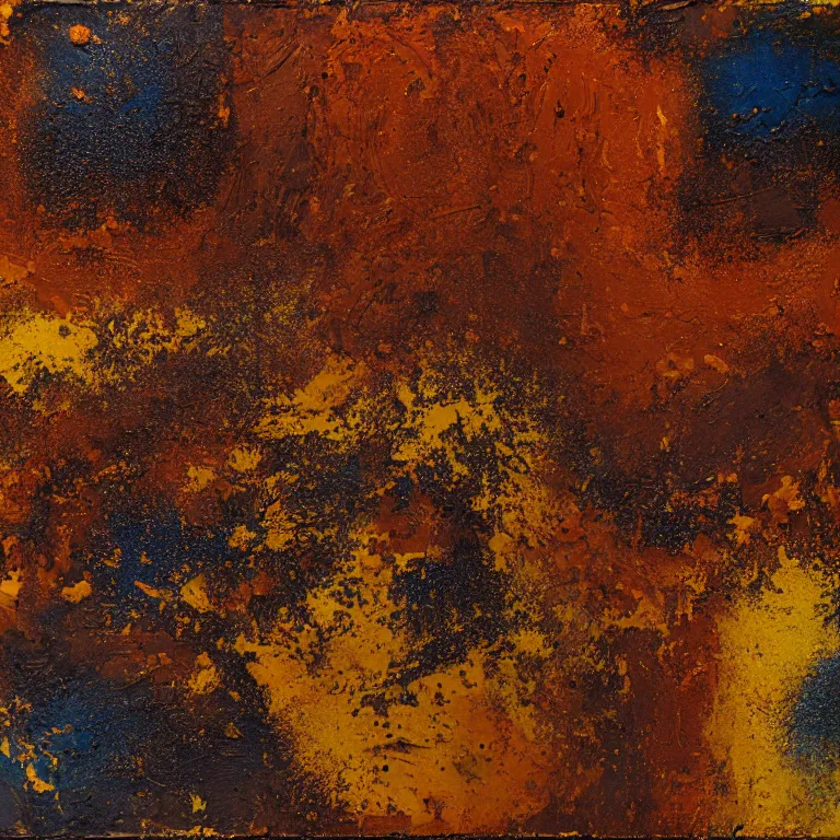 Prompt: abstract oil painting mixed with sand in old carved wood with orange and yellow ink splatters ( ( ( ( ( ( ( informalism ) ) ) ) ) / complementary color scheme, daguerreotype, glitch art, great volume and textures with very strong brush strokes, highly detailed, intrincate, fantasy, elegant / octane, lumen unreal 5