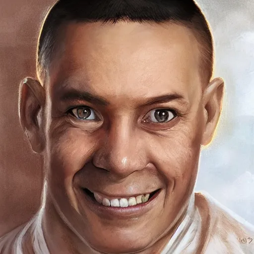 Prompt: a head - on detailed oil portrait of a friendly round - faced bald male monk with a friendly smile, by charlie bowater, lise deharme, wlop, trending on artstation, dungeon and dragons art, critical role