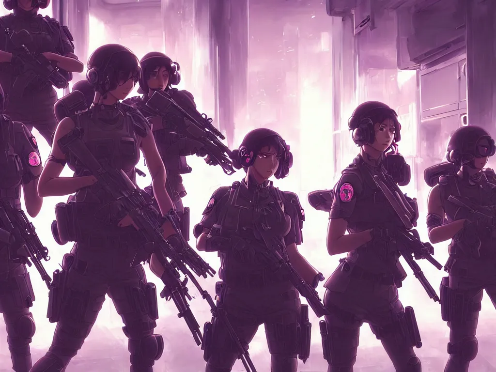 Image similar to anime key visual of a team of multiple female swat officer ready to attack, neon, cyberpunk, futuristic, stunning, highly detailed, digital painting, smooth, soft focus, illustration, movie poster, japanese typography, digital art from artstation by artgerm and greg rutkowski and alphonse mucha