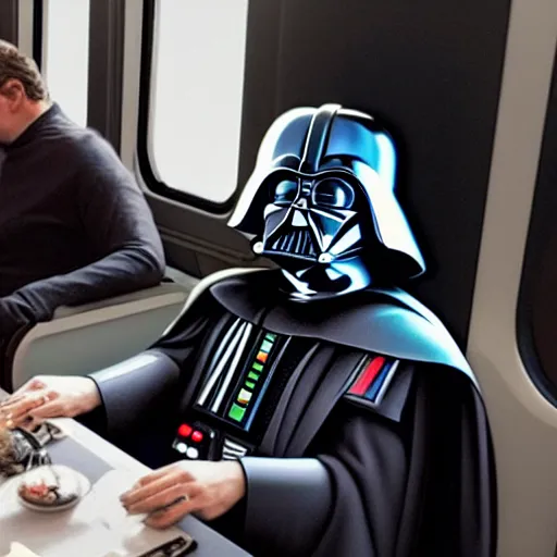 Image similar to of darth vader on his iphone on a train with a small rubber duck sitting next to him looking up at him the rest of the seats are taken up with storm troopers photorealistic