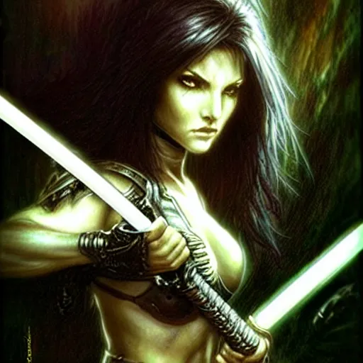 Image similar to female warrior, black hair, glowing sword, cinematic, by luis royo