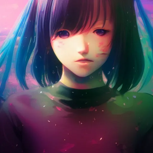 Image similar to photorealistic dramatic liquids anime girl render, detailed face, colorful, atmosphere cinematic, by wlop, by ilyu kuvshinov, soft shadows, be concept art, super detailed, vfx, houdini, 8 k, super realistic, ufotable studio art style, global illumination, trending in pixiv, dramatic color, ray tracing, god rays