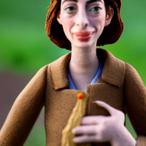 Image similar to a cinematic film still of a claymation stop motion film starring anne hathaway as female farmer, shallow depth of field, 8 0 mm, f 1. 8