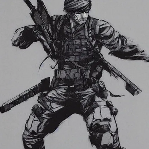 Image similar to solid snake fighting!!!!!! sam!!!!!! fisher!!!!!! by yoji shinkawa, concept art