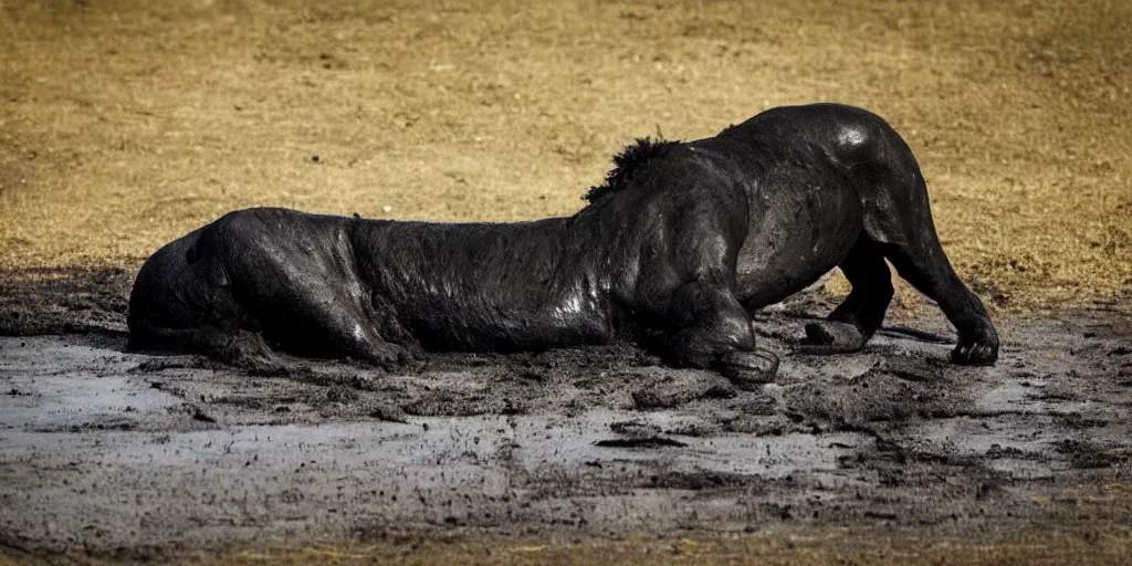 Image similar to a shiny, black, lion made of tar laying inside the tar pit, full of tar, covered with liquid tar. dslr, photography, realism, animal photography, color, savanna, wildlife photography