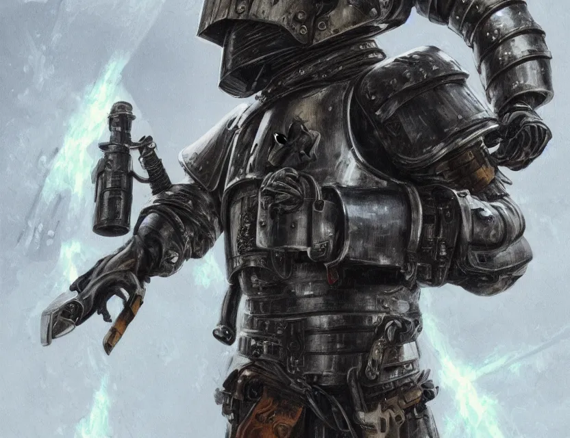 Image similar to a detailed portrait painting of a lone bounty hunter wearing combat armour and a reflective visor. Head and chest only. Dieselpunk elements. Movie scene, cinematic sci-fi scene. Flight suit, cloth and metal, accurate anatomy. Samurai influence, knight influence. fencing armour. portrait symmetrical and science fiction theme with lightning, aurora lighting. clouds and stars. Atmospheric. Clean design, smooth oil paint. Futurism by beksinski carl spitzweg moebius and tuomas korpi. baroque elements. baroque element. intricate artwork by caravaggio. Oil painting. Trending on artstation. 8k