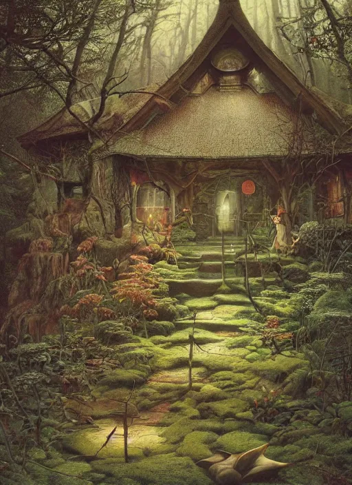 Image similar to hyper realistic witch cottage japanese shrine in the woods gorgeous lighting, highly detailed, lush forest painting by zdzisław beksinski and norman rockwell and greg rutkowskiweta studio, and lucasfilm