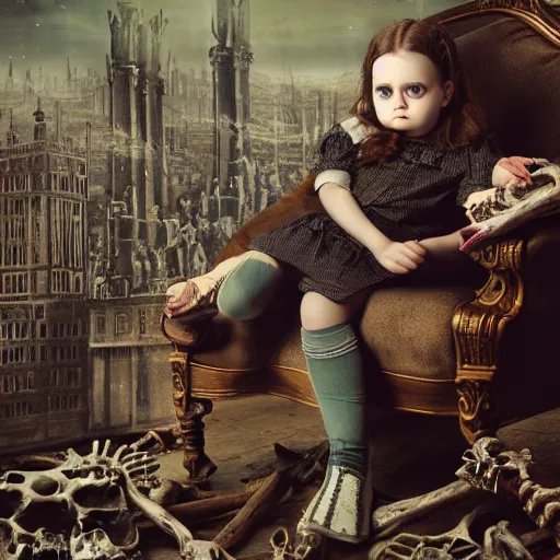 Image similar to a color photo of young sad victorian gothic child with big eyes and wide grin sitting on a sofa of bones surrounded by a cyber futuristic cityscape made of human body parts, ultra detailed, 8 k resolution, beautiful lighting, expansive detailed layered city, landscape, sigma 8 5 mm, award winning photography, perfect faces