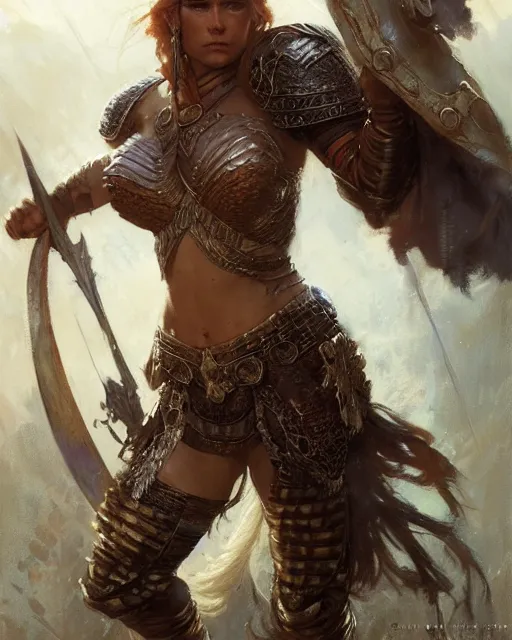 Image similar to a fierce and muscular warrior princess in full armor, fantasy character portrait by greg rutkowski, gaston bussiere, craig mullins, simon bisley