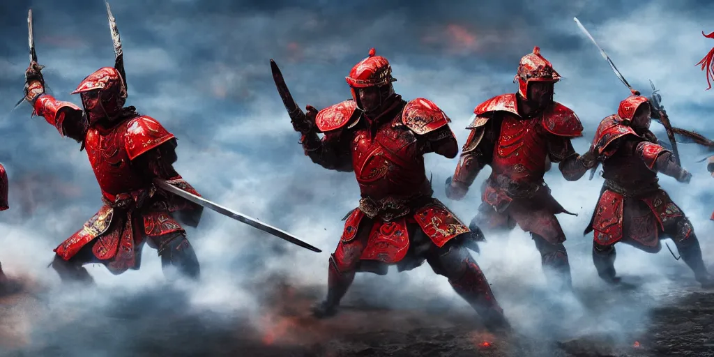 Image similar to mid action shot cinematic artwork of warriors in blue armor fighting warriors wearing red Chinese armor on the battlefield by greg rutowski, masterpiece, 4k