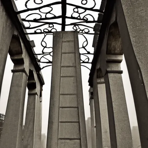 Prompt: a obelisk on a bridge in france. overcast sky, grainy.