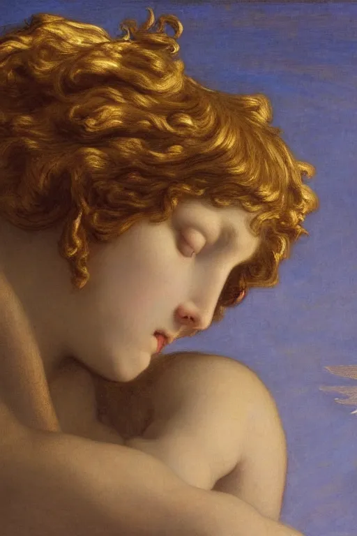 Image similar to Fallen angel by Alexandre Cabanel, face, closeup, ultra detailed, made in gold, Guido Reni style