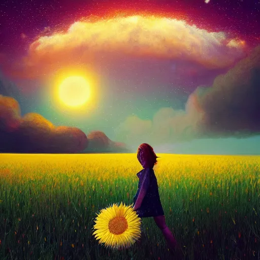 Image similar to giant daisy flower as a head, girl walking in wheat field, hills, surreal photography, dark night, star trails, dramatic light, impressionist painting, clouds, digital painting, artstation, simon stalenhag