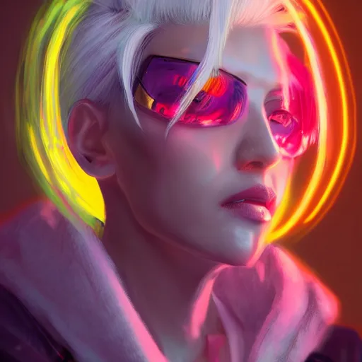 Prompt: A colourful neon filled painting of a female gang leader with white hair by Wlop and Z eD, Cyberpunk, handsome face, bomber jacket, white hair, yellow iris, golden eyes, trending on artstation, pixiv, 4k, HDR, unreal engine