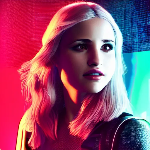 Image similar to dianna agron portrait, Cyberpunk 2077, photorealistic, ultra detailed, cybernetic body parts, neon, octane, bokeh, 8k