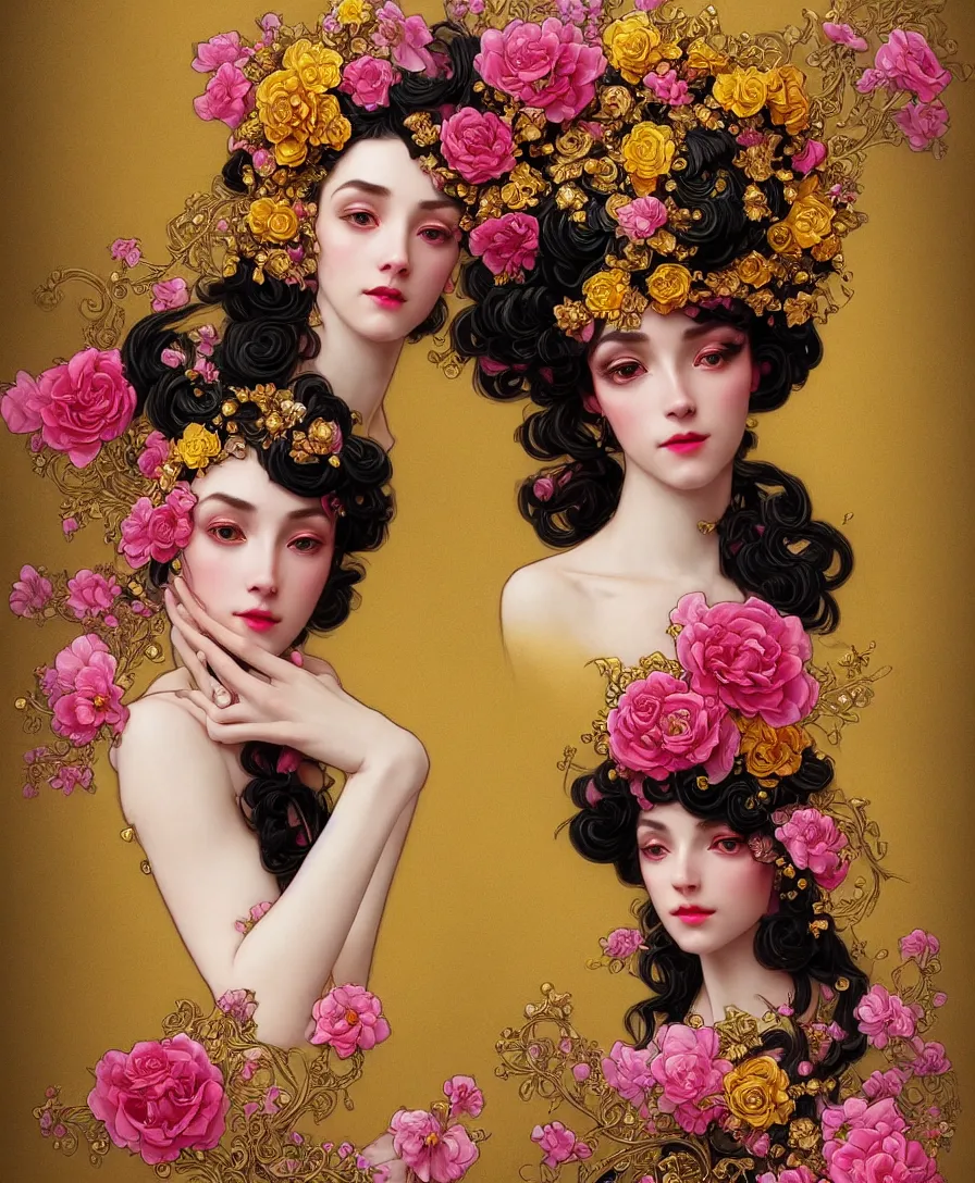 Image similar to beautiful black pink yellow, complicated gold and pink flowers in baroque style headwears, dark fantasy, intricate, elegant, highly detailed, digital painting, artstation, concept art, matte, 3 d 8 k octane rendered, sharp focus, illustration, octane rendered, art by artgerm and alphonse mucha, leesha hannigan