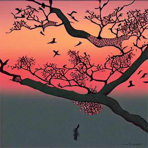 Image similar to birds on cherry tree, Changelingcore, serene, graceful, sunset photo at golden hour, Kodachrome, digital painting by M. C. Escher