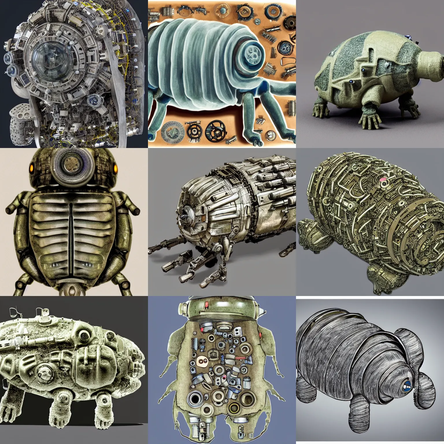 Prompt: a tardigrade made of machine parts cross section