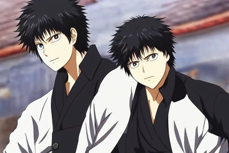 Image similar to A handsome man，Black short hair, blue eyes, Hijikata Toushirou of Gintama,Kyoto Animation