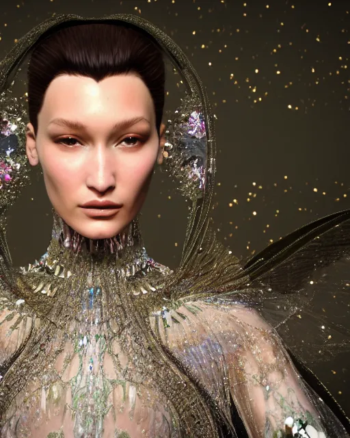 Prompt: a highly detailed metahuman 8 k close up render of bella hadid with a veil on her head and face renaissance in iris van herpen dress schiaparelli in diamonds crystals swarovski and jewelry iridescent in style of alphonse mucha trending on artstation made in unreal engine 4