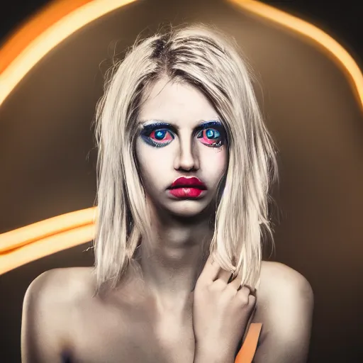 Image similar to A gorgeous blonde, grungy, neon eyes, modelsociety, perfect face, intricate, Sony a7R IV, symmetric balance, polarizing filter, Photolab, Lightroom, 4K, Dolby Vision, Photography Award