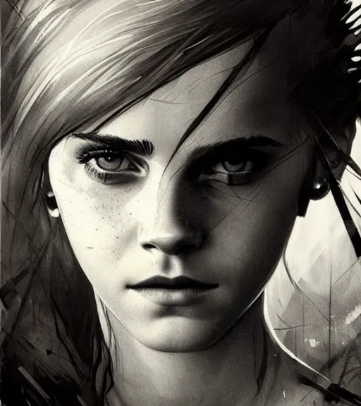 Prompt: emma watson, beautiful piercing eyes, realistic face, black and white drawing, in the style of greg rutkowski, fantasy, amazing detail, epic, intricate, elegant, smooth, sharp focus