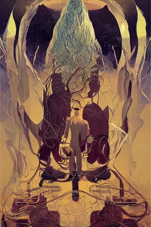 Image similar to poster artwork by Michael Whelan and Tomer Hanuka, Karol Bak of collective consciousness as imagined by Carl Jung, from scene from Tarkovsky, clean, simple illustration, nostalgic, domestic, full of details