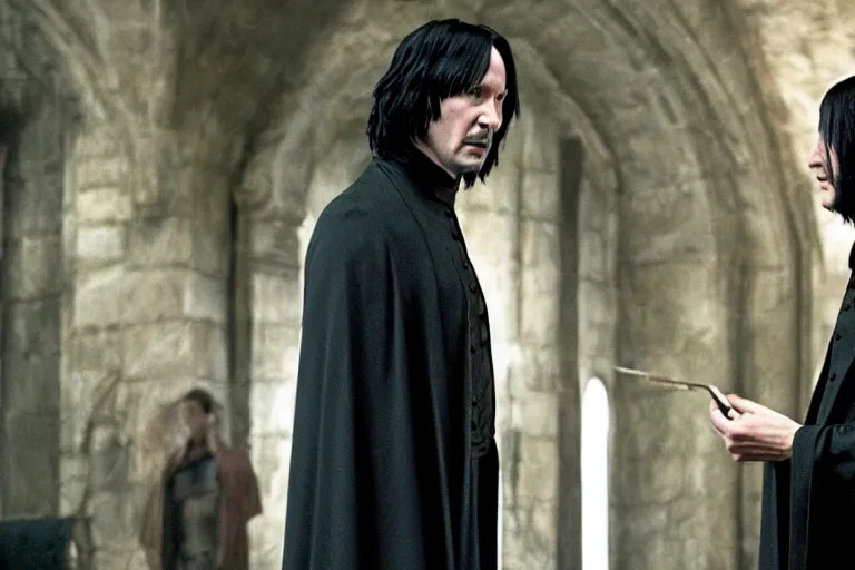 Prompt: film still of Keanu Reeves as Severus Snape in Harry Potter-n 6