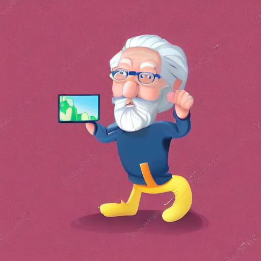 Image similar to cute cartoon character, curled perspective, digital art, beard grandpa taking a photo to a baby girl