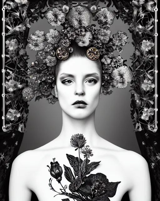 Image similar to monochrome profile portrait painting, dutch masters, silver lace floral steampunk biomechanical beautiful young female cyborg with one techno eye, monocular, volumetric light, leaves foliage and stems, hibiscus flowers, alexander mcqueen, rim light, big gothic fashion pearl embroidered collar, 8 k