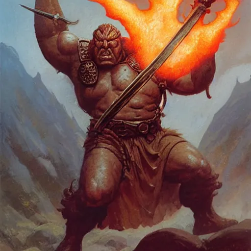 Image similar to head and shoulders portrait of a helmed fire giant with a giant sword wreathed in flame, d & d, fantasy, greg rutkowski, frank frazetta, alexandre chaudret, boris vallejo, michael whelan, miro petrov, hr giger, magali villeneuve, donato giancola