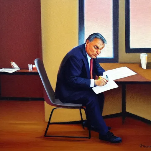 Prompt: viktor orban doing paperwork in a cubicle, oil painting