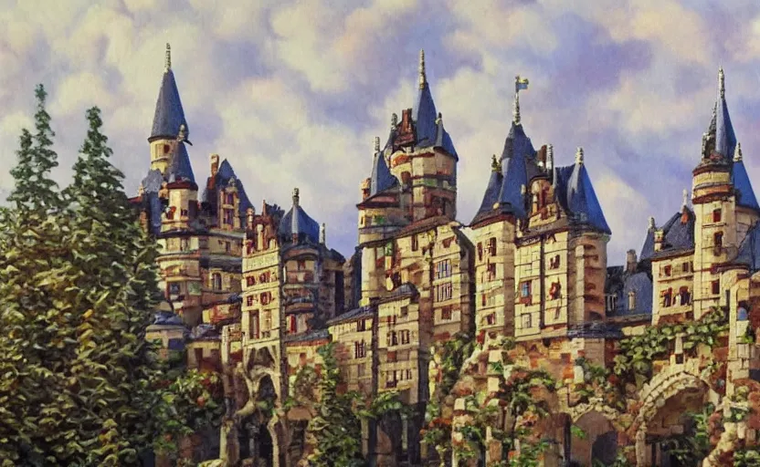 Image similar to a realistic French oil painting of a castle built from lego bricks