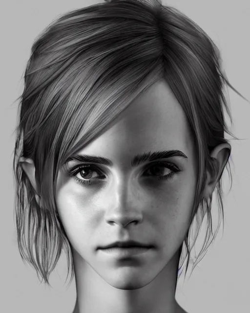 Image similar to final fantasy portrait of emma watson, au naturel, hyper detailed, digital art, trending in artstation, cinematic lighting, studio quality, smooth render, unreal engine 5 rendered, octane rendered, art style by klimt and nixeu and ian sprigger and wlop and krenz cushart.